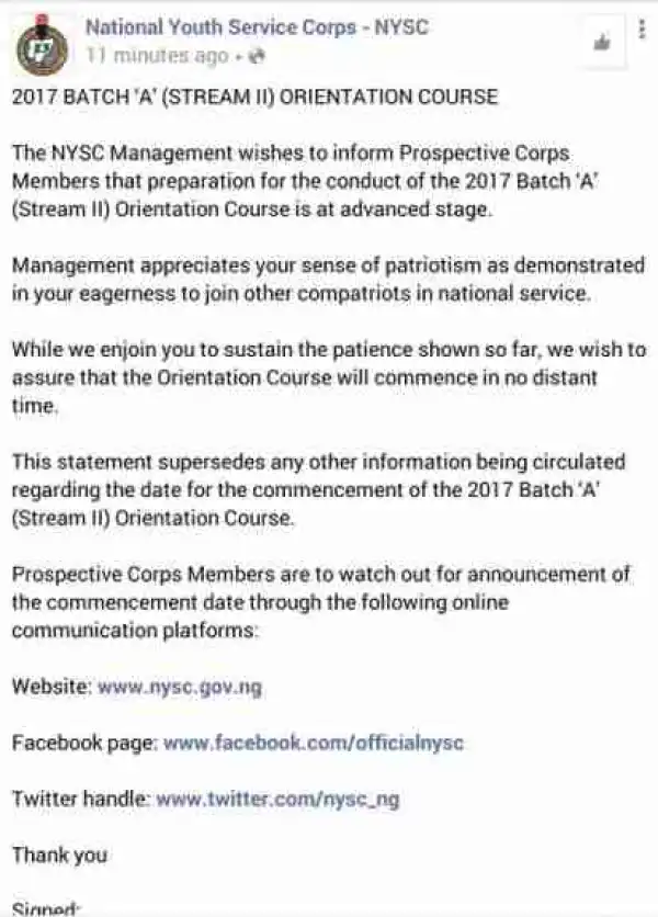 Latest Official Information For NYSC 2017 BATCH A Stream 2 PCMS